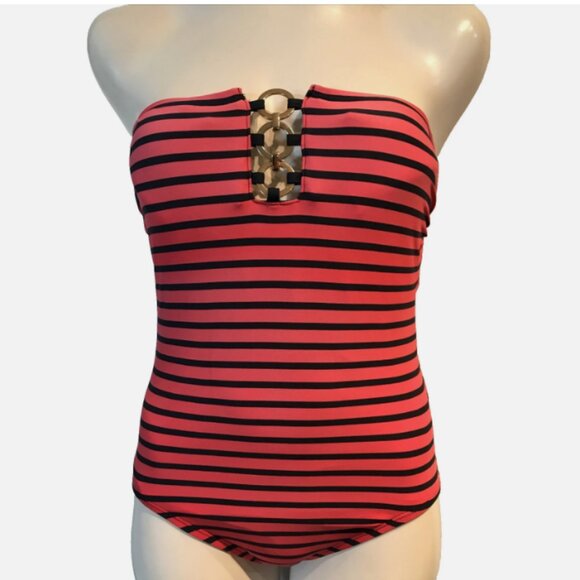 MICHAEL KORS NAVY RED STRIPE ONE PIECE SWIM BATHING SUIT WOMENS SIZE 10 BANDEAU - Picture 1 of 11